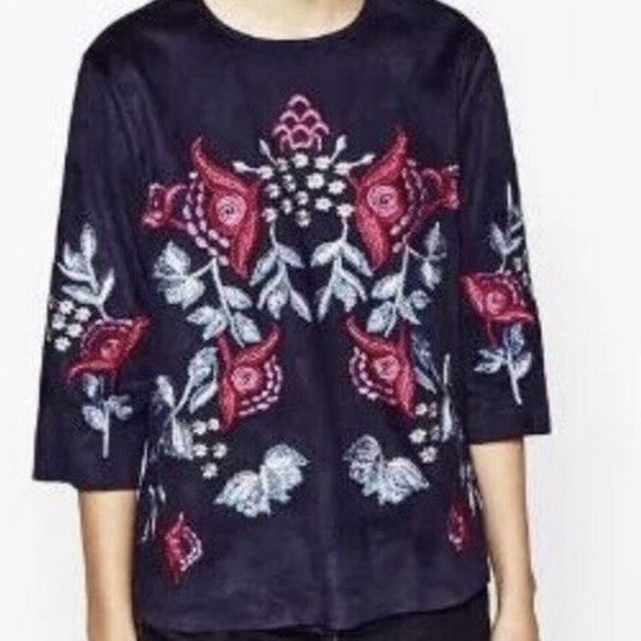 ZARA FLORA Embroidered SUEDE Effect top blouse Sz S BOHO ART2WEAR stunning cond. - Picture 2 of 14
